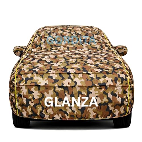 Image of Waterproof Car Body Cover for Glanza All Weather Protection Comes with Inner Cotton Lining & Triple Stitched with Mirror & Antenna Pocket Belt & Elastic Fit Army with Yellow Piping2