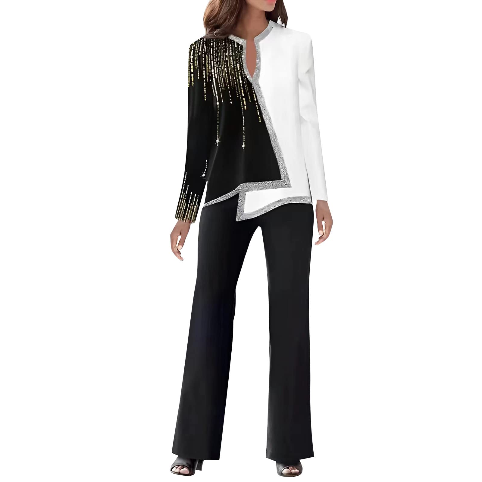 Cocila Leggings Fitness Trajes de 2 piezas para mujer, camiseta informal de manga larga, pantalones de pierna ancha sueltos, conjunto de dos piezas, traje Pantalones Transparencias
