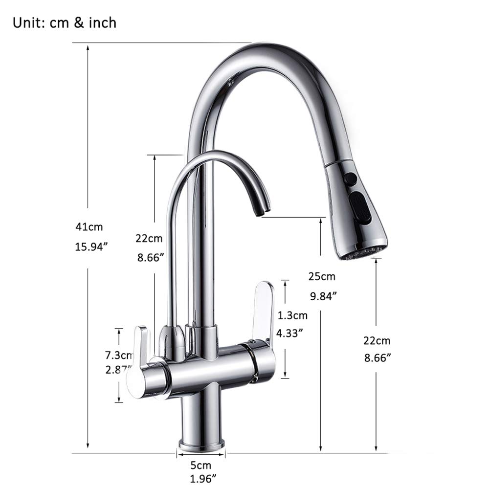 Grifo de cocina cromado con filtro de agua pura, grifo de cocina de latón de 3 vías giratorio, para tirar hacia abajo, doble manilla, grifo mezclador caliente y frío