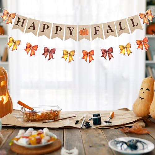 Image of Oudain 2 Pack Happy Fall Burlap Banner with Bows Garland 6.56 ft Fall Banner Decor for Fireplace Autumn Bow Garland Paper Hanging Bunting Flag Decor for Harvest Mantel Fireplace Thanksgiving Party