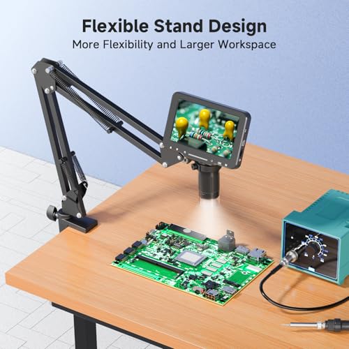 Image of 5 inch LCD Digital Soldering Microscope with Flexible Stand, 1000X Magnification for Electronics Repair & Coins, 1080P PC View, 8 LEDs (Micro SD Card Not Included)