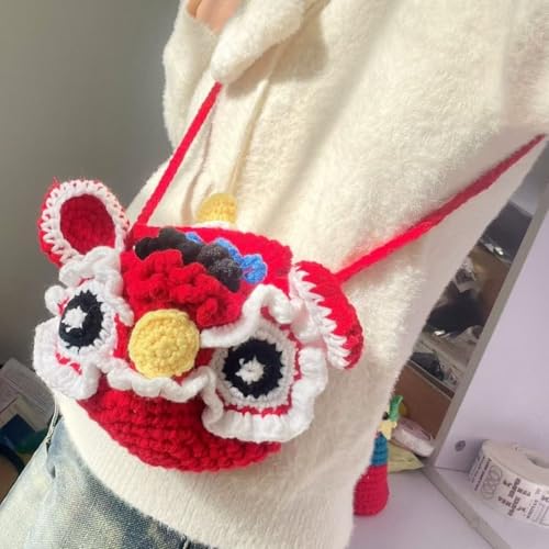 4.1 Inch x 4 inch Handmade Cute Tiger-Head Drawstring Bag - Adjustable Shoulder Pouch for Coins, Earphones, Cosmetics | Kids Gift, Small Items Organizer, Knitting Change Wallet4