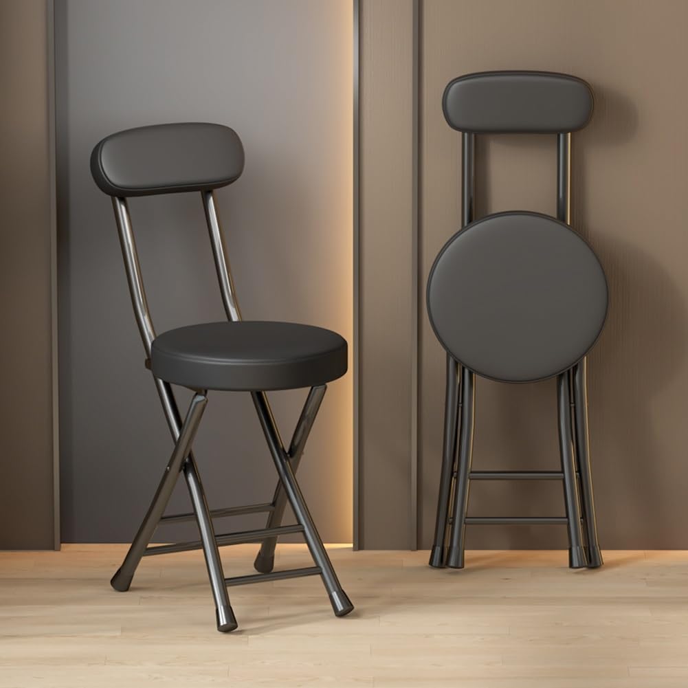45cm Klapphocker mit Rückenlehne und Fußstütze,Tragbarer Runder Gepolsterter Frühstückshocker für Küche, Esszimmer, Büro,Faltbarer Barhocker (Color : Schwarz)