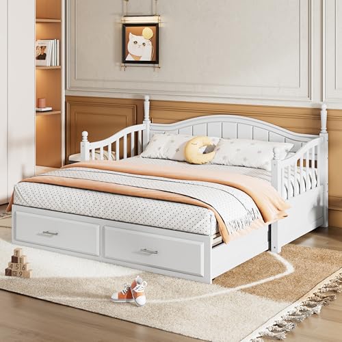 Image of Merax Multifunctional Extending Day Bed with Trundle & Drawers Twin to King Wood Sofa Bed with Headboard No Box Spring Needed White