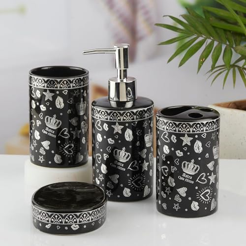 Image of SaSaSa Ceramic Bathroom Accessories Set of 4 Modern Bath Set with Soap Dispenser & Toothbrush Holder, Luxury Home & Gift Idea, Black /Silver (10463)