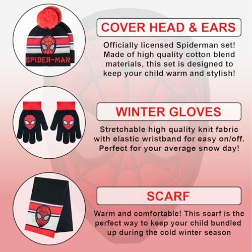 Marvel Spider-Man Kid’s Winter Hat Snow Gloves and Scarf for Boys and Toddlers 3 Pc Set Warm Pom-Pom Beanie with Accessories2