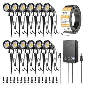 ZUCKEO All-in-One Low Voltage Landscape Lighting Kit, 5W LED Landscape Lights with Transformer, 120FT Wire and Connectors, Waterproof Outdoor Spotlight for Yard Garden House, 3000K 12V-24V, 12Pack