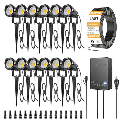 ZUCKEO All-in-One Low Voltage Landscape Lighting Kit, 5W LED Landscape Lights with Transformer, 120FT Wire and Connectors, Waterproof Outdoor Spotlight for Yard Garden House, 3000K 12V-24V, 12Pack