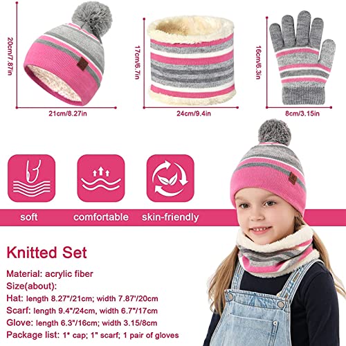 Image of Kids Toddlers Winter Hats Knit Warm Beanie Scarf Gloves Set for Boys Girls Age 2-7, Pompom Cap Neck Warmer Fleece Lined Gifts
