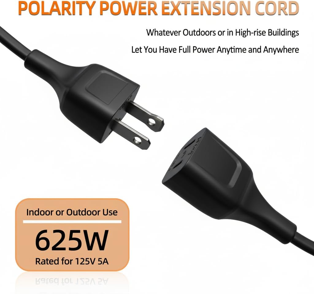5FT Short Black Power Extension Cord Indoor Use with 125V 5A 625W 2-Prong 2 Outlets Ideal for Holiday Lights, Lamps, Security Cameras, Appliance (1 Pack)