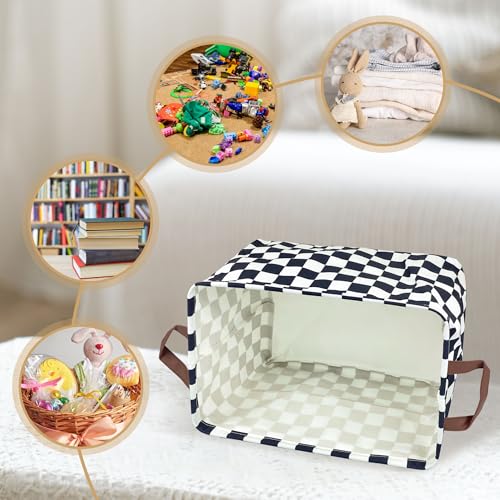 Image of Checkered Storage Basket Waterproof Canvas Toy Storage Bin Race Car Room Decor Collapsible Outdoor Basket with Leather Handles Checkered Decor Car Blanket Baskets For Closets,Bedrooms,Gifts Baskets