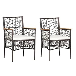 HAPPYGRILL Patio PE Rattan Dining Chairs Set of 2 Patio PE Wicker Armchairs with Removable Cushions and Acacia Wood Armrests for Deck Poolside Backyard