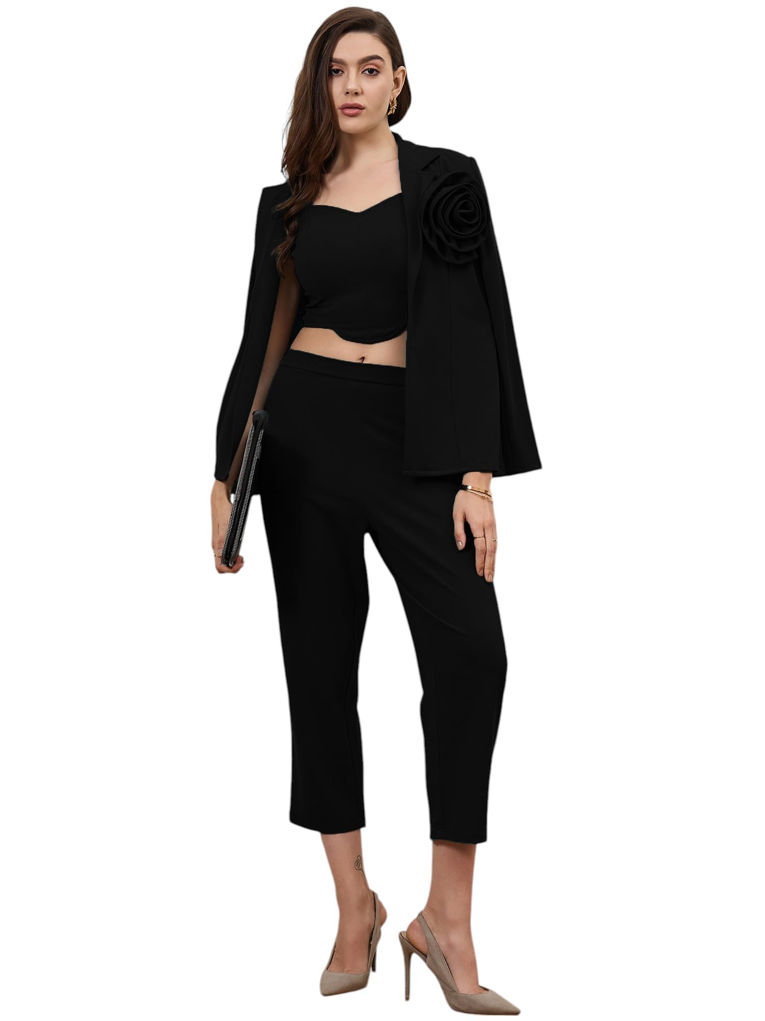 poshbery Black 3 Piece Corsage Blazer set-picture-24
