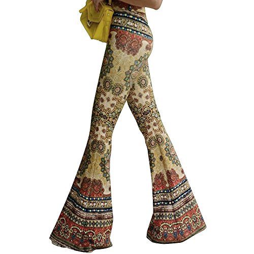 GUOLEZEEV Women's Boho High Waist Wide Leg Long Palazzo Bell Bottom Pants Yellow XL