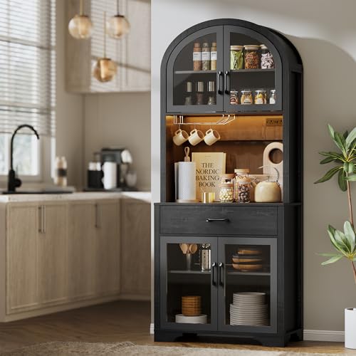 Image of 75 inch Arched Kitchen Pantry Cabinet with Charging Station & LED Light, Tall Coffee Bar Liquor Cabinet Modern Kitchen Hutch with Microwave Stand & Adjustable Shelf for Dining Room