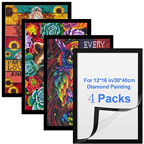 CEUHROG Diamond Painting Picture Frames for 30x40cm, 4 PACK Diamond Painting Art Canvas Frames 12" x 16", Self Adhesive Diamond Magnetic Art Frame, Frames for Wall Window Door Black, Inside Size 10" x 14"