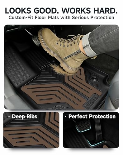 Image of Premium Color TPE Floor Mats Custom Fit for Toyota RAV4 2019-2025 (Only for Hybrid)| Saddle Brown Wing Design | All-Weather Heavy Duty Car Floor Liners Full Set 1st & 2nd Row