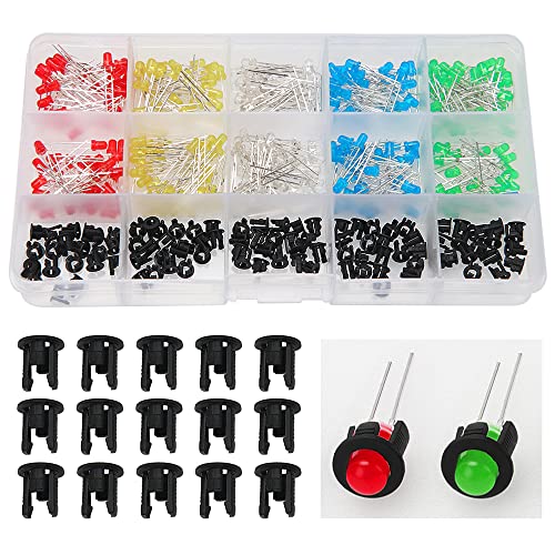 Lyeteung 300 Pièces 3mm LED Diode Électroluminescente, Tête Ronde Multicolore 2-Pin LED DIP Diodes, Rouge Vert BleuJaune Blanc, 60 Pièces par Couleur, avec 100 Pièces Support LED en Plastique Cover