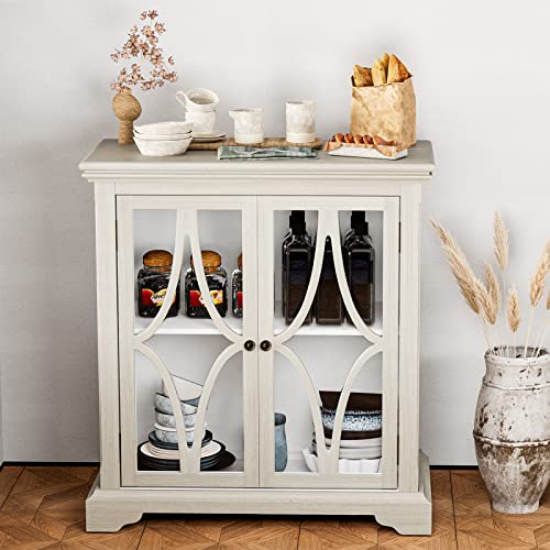 Hompus Buffet Sideboard Cabinet With Glass Door, Accent Storage Cabinet With Door And Shelf, Modern Vintage Coffee Bar Cabinet With White Grain Finish For Kitchen, Dining Room, Living Room, Bedroom #TOP2