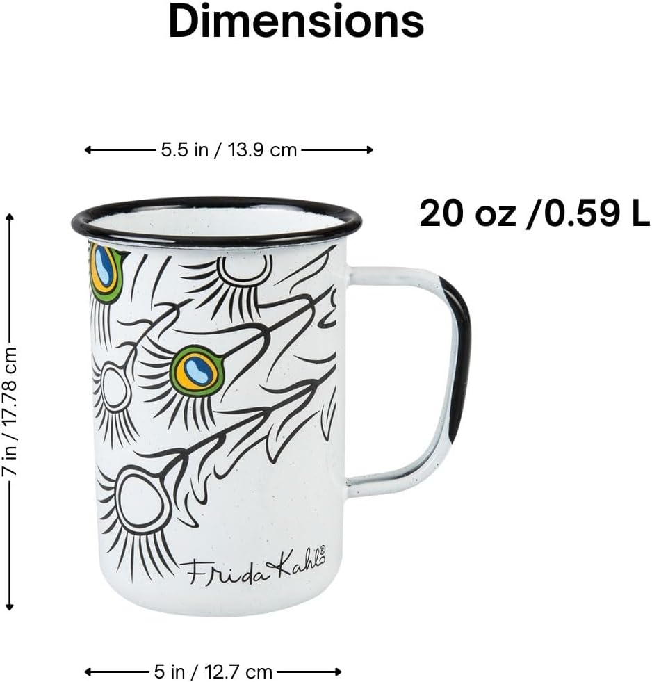 Cinsa 2 Mug Set 20 oz (Speckled White), Enamelware mugs for Indoor & Outdoor, Frida Kahlo Special Edition