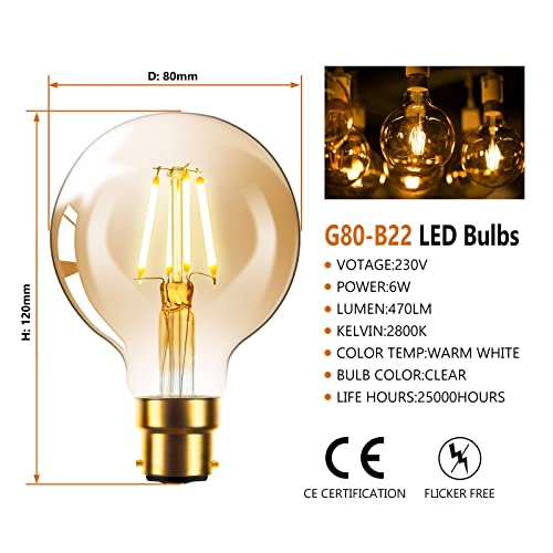 Vintage Edison LED Light Bulb 6W G80 Globe LED Filament Bulb B22 Bayonet Cap Edison Retro Style LED Decorative Light Bulb Warm White 2800K, 2-Pack - Image 3
