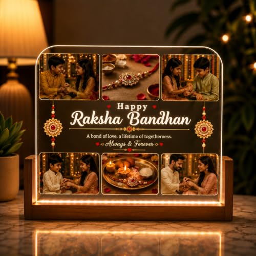 Image of Personalized Raksha Bandhan Acrylic LED Lamp with Custom Photo (UShape) | Night Light, Brother Sister, Free Rakhi Included, Custom Photo
