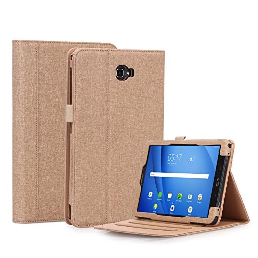 Heffuny Samsung Galaxy Tab A 10.1 pulgadas Funda, SM-T580 T585 2016 Version, Funda Case Cover de cuero de PU con soporte para lápices, 3 ángulos de visión, Documento Pockect, Correa de mano, con Auto sueño/despierta, Oro