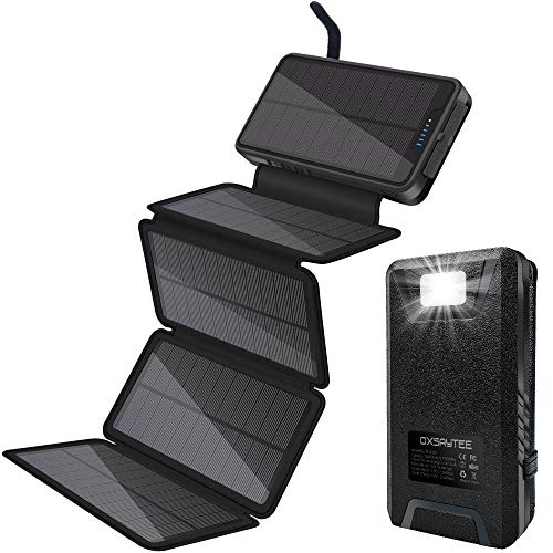 Oxsaytee Batería Externa 26800mah Power Bank Solar, Cargador Solar 2 entradas (5 Paneles solares y USB) Lámpara LED y Gancho, batería portátil AVCE 2.1A 2 Puertos para iPhone iPad Samsung y Otros