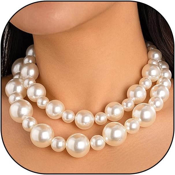2Pcs Large Pearl Necklaces for Women Layered Chunky Pearl Choker Necklaces Set Exaggerated Big Statement Necklaces Trendy Jewelry Accessory Gifts