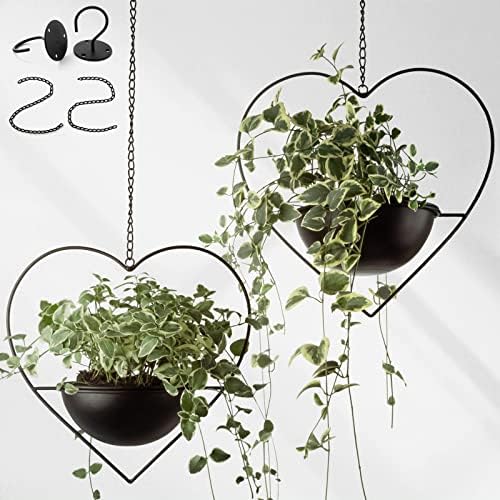 Hajia 2 Pack Heart Shaped Hanging Plant Holder with 7.5inch Detachable Pot, Black Metal Modern Hanging Planter for Indoor and Outdoor, Minimalist Wall Ceiling Plant Hanger for Home and Wedding Decor