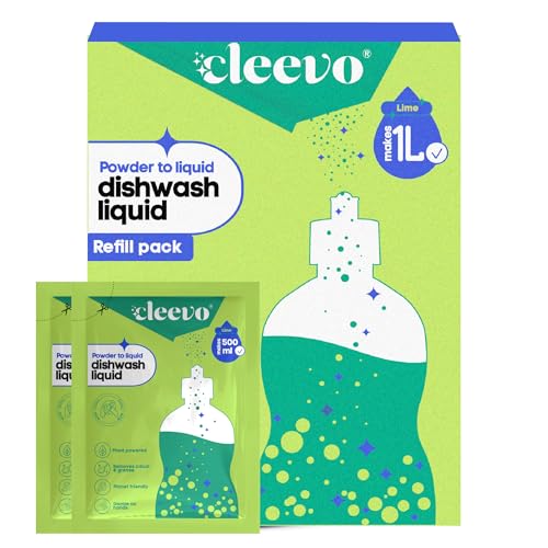 Image of Cleevo Dishwash Liquid Gel 1L Refill (2 Sachets makes 1 Litre), No Bottle| Powder to Liquid | Removes Oil, Grease & Burnt Residue | Non-Toxic, Kids & Pet Safe Dish Cleaner (Lime)
