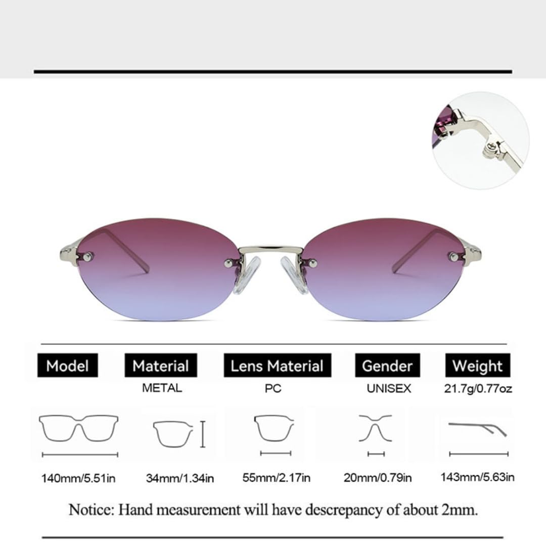 Modische kleine ovale Damen-Sonnenbrille, beliebte randlose Herren-Sonnenbrille mit Farbverlauf, UV400 (silberfarbener Farbverlauf)