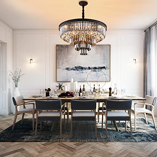 Lampundit 12-Light Black Crystal Chandelier 6-Tier Modern Chandelier Celiling Light Fixture For Dining Room Living Room Kitchen, 27.6" #TOP2