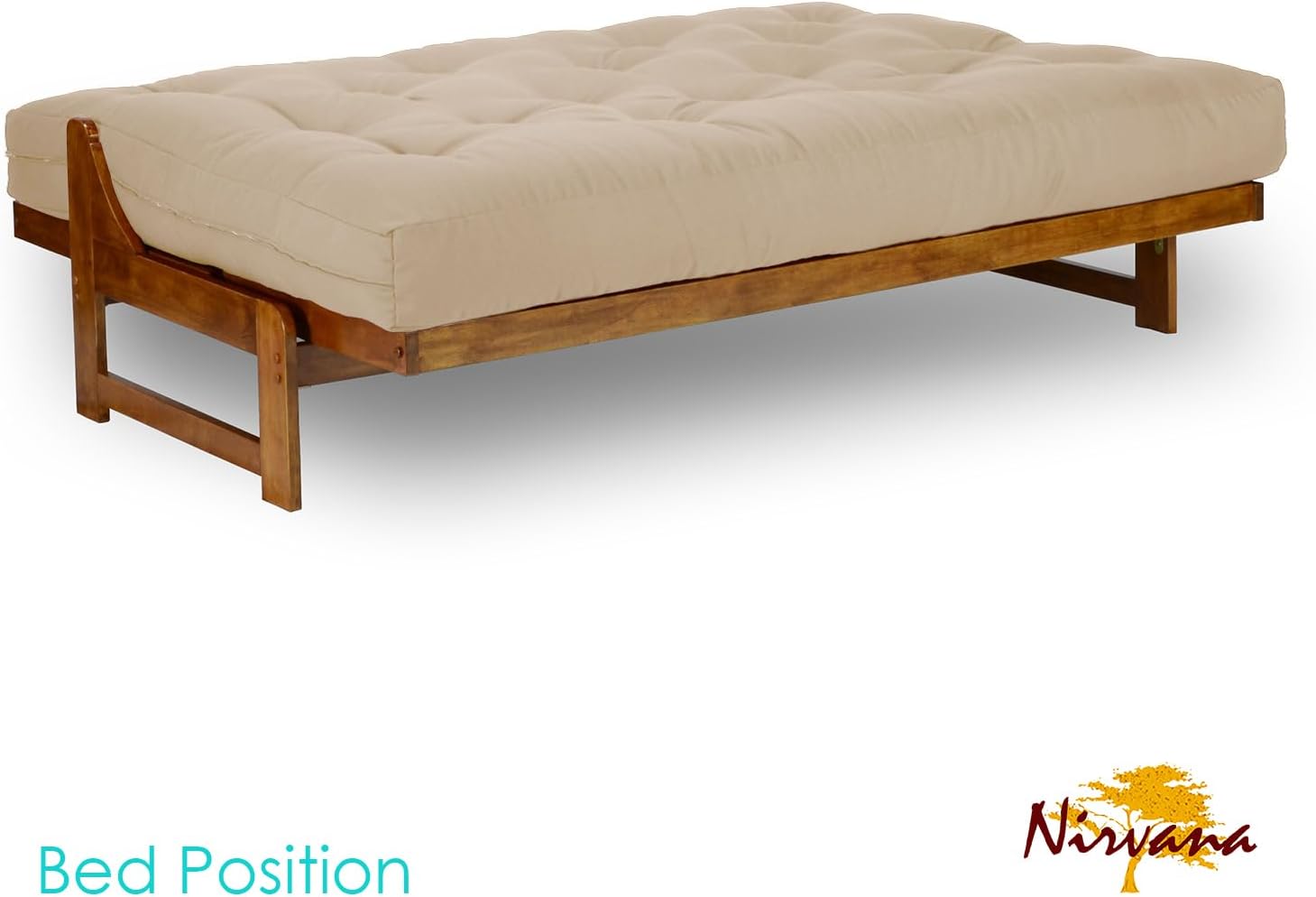 Nirvana Futons Arden Futon Set - Full Size Futon Frame with Mattress Included (8 Inch Thick Mattress, Twill Khaki Color), Heavy Duty Wood, Popular Sofa Bed Choice