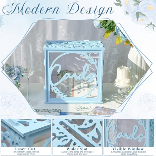 Image of OurWarm Blue Wedding Card Box with Acrylic Window, PVC Gift Card Box for Wedding Decorations Reception, Envelope Money Gift Boxes for Party Baby Shower Anniversary Graduation Birthday Bridal Decor