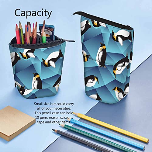 Image of Swono Penguin Pencil Holder Abstract Blue Crystal Ice Stand Up Pencil Case Pencil Pouch Cosmetics Bag For Women Men