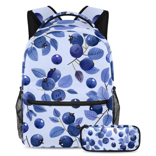 Sac à dos grande capacité étudiants adolescents motif myrtille avec trousse