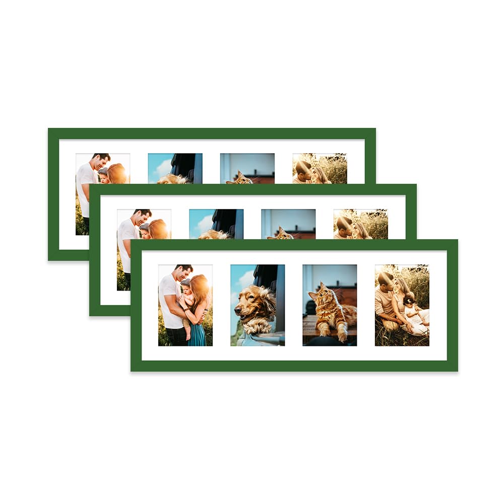 Green Multi Photo Frame - Holds 4 x 6x4 Pictures, Family Collage Picture Frame for Wall Display, 8x22 Panoramic Frame Size, Set of 3