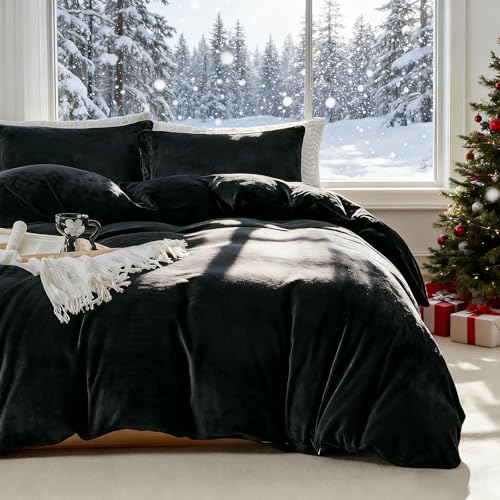 Image of WARMDERN Black Velvet Duvet Cover Set Oversized King Plus, Luxury Milk Velvet Bedding Duvet Cover with Zipper Closure, 3pcs Ultra Soft Duvet Covers for All Seasons, 128 inch x 120 inch, Black