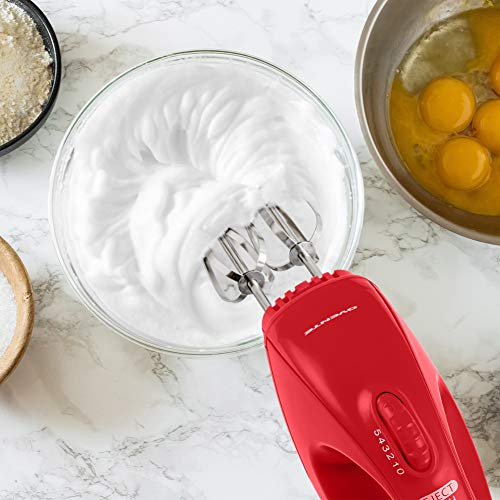 Image of OVENTE Portable Electric Hand Mixer 5 Speed Mixing, 150W Powerful Blender for Baking & Cooking with 2 Stainless Steel Chrome Beater Attachments & Snap Clear Case Compact Easy Storage, Red HM161R