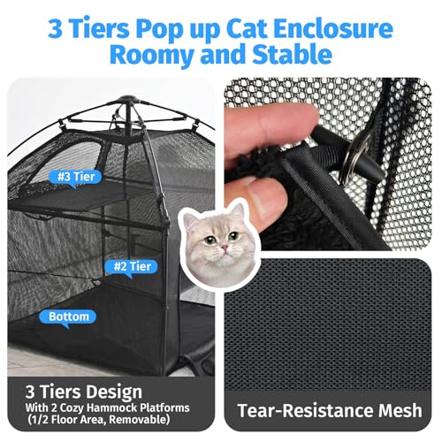 Image of Catio Outdoor Cat Enclosure Pop up Cat Tower Tent Cat Playpen w /Breathable Mesh Portable Catio Kitten Pet Animal Play Pen Indoor Enclosed Kitty Patio Balcony Camping(Square)