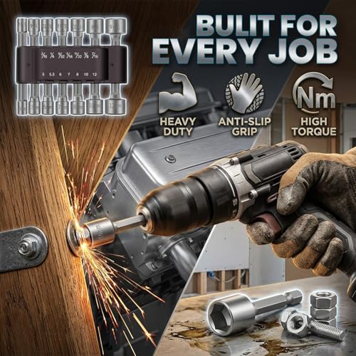 Image of 14 Piece Power Nut Driver Drill Bit Socket Wrench Tool Set | 35K Carbon Steel 1 /4 Inch Hex Shank Nut Driver Bits | Rustproof Wrench Adapter Kit for Drill Machine