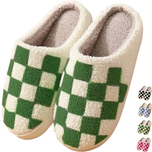 Image of Checkered Slippers for Women and Men - Fuzzy House Slippers with Memory Foam, Comfy Plush Fluffy Indoor House Shoes, Cozy Warm Slip on Bedroom Slippers with Non-Slip Sole