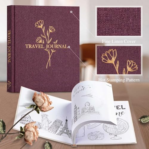 Image of Lanpn Travel Photo Journal Notebook for Women Men, Linen Travel Log Diary Scrapbook Memory Book with Prompts, Anniversary Journals Traveling Gifts (Burgundy, 110 Pages)