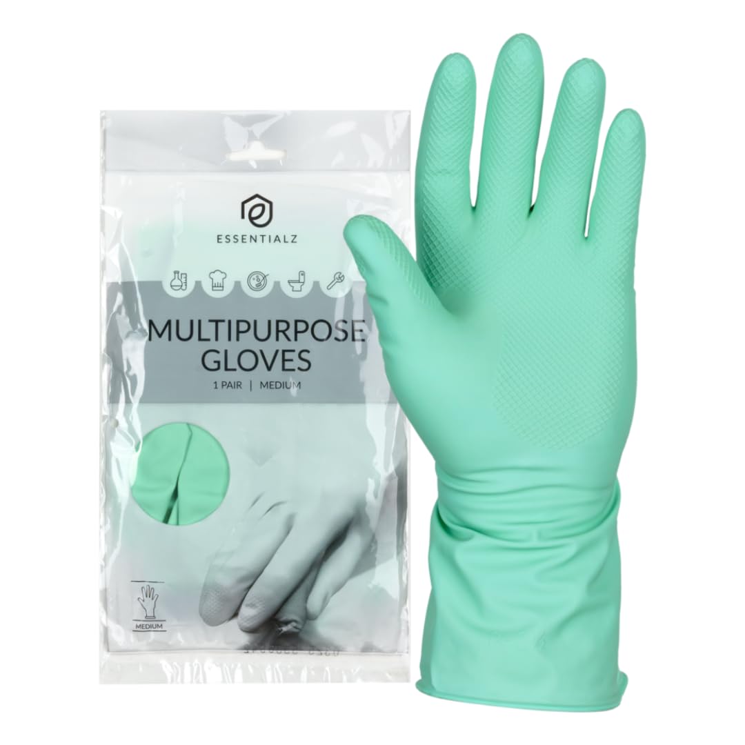 Essentialz Green Heavy Duty Latex Household Gloves, Medium, 1 Pair, Reusable, Powder-Free, Flocklined, Extra Strong Dishwashing & Cleaning Gloves with Chemical & Microorganism Protection