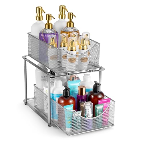 Sorbus 2 Tier Metal Under Sink Organizer for Bathroom, Kitchen, Strong Steel Mesh Sliding Drawers for Under Sink, Under Cabinet, Closet, Kitchen, Pantry, Bathroom Organizers and Storage (Silver)