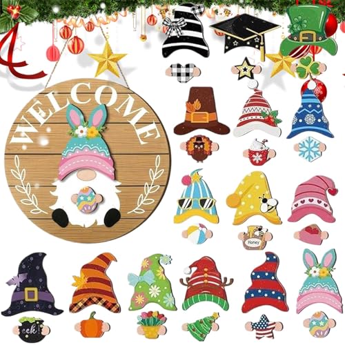 Letrero de para puerta delantera con gnomos de temporada para pared 7