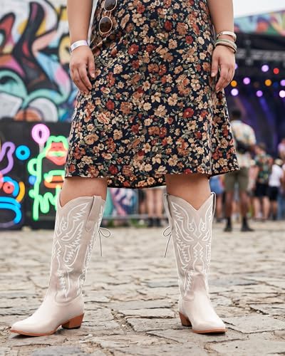 Image of Uillnoodu Wide Calf Cowboy Boots Women Adjustable Lace Up Knee High Tall Plus Size Cowgirl Boots Western Style Comfortable 2-Inch Heel
