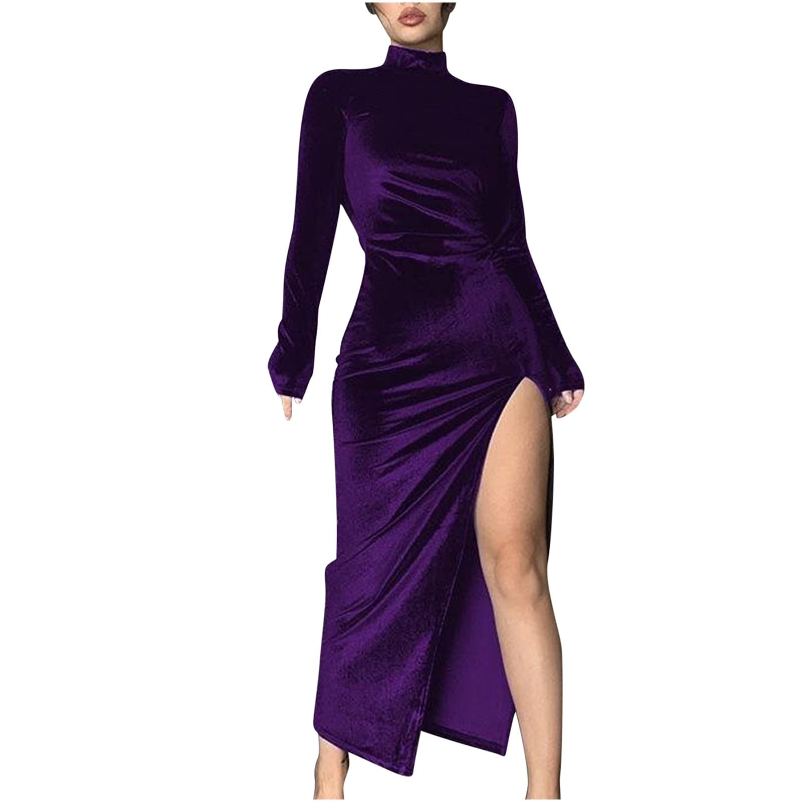 Robe vintage en velours avec col en V et col roulé - Manches longues - Robe de soirée moulante - Robe de bal élégante et rétro, 1056-Violet, XL