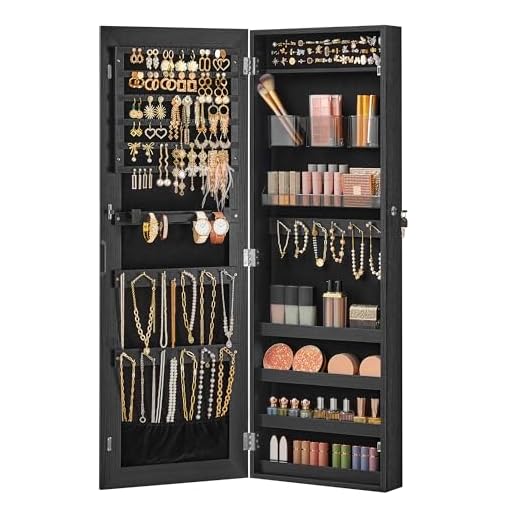 SONGMICS Mirror Jewelry Cabinet Armoire, Wall or Door Mounted Jewelry Storage Organizer, Hanging Lockable Frameless Mirror Cabinet with 2 Plastic Cosmetic Organizers, Gift Idea, Black UJJC001B01